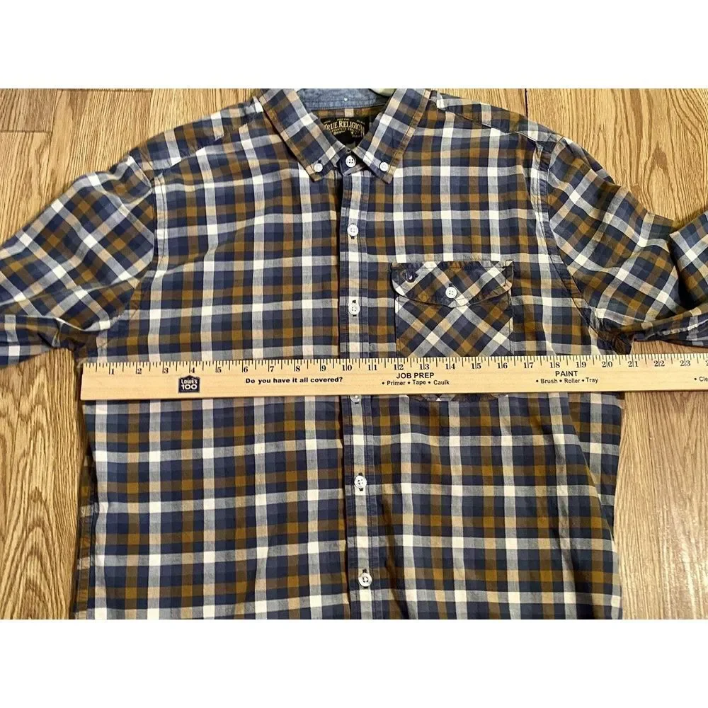 True Religion Men's Button Down Shirt Sz L Long Sleeve Blue Brown‎ Checkered